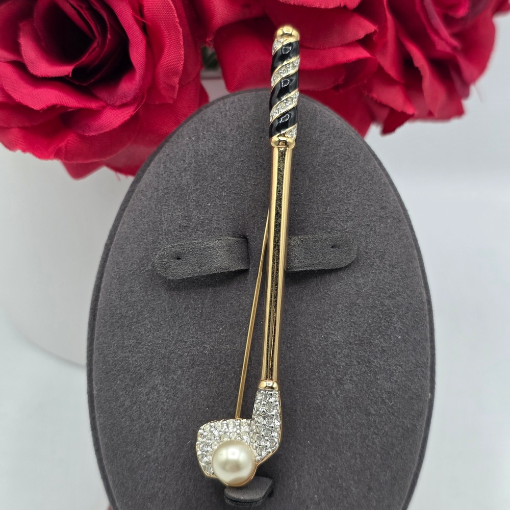 Swarovski Golf Club Brooch Gold Tone‎ Pave Crystal Faux Pearl Black Enamel Pin